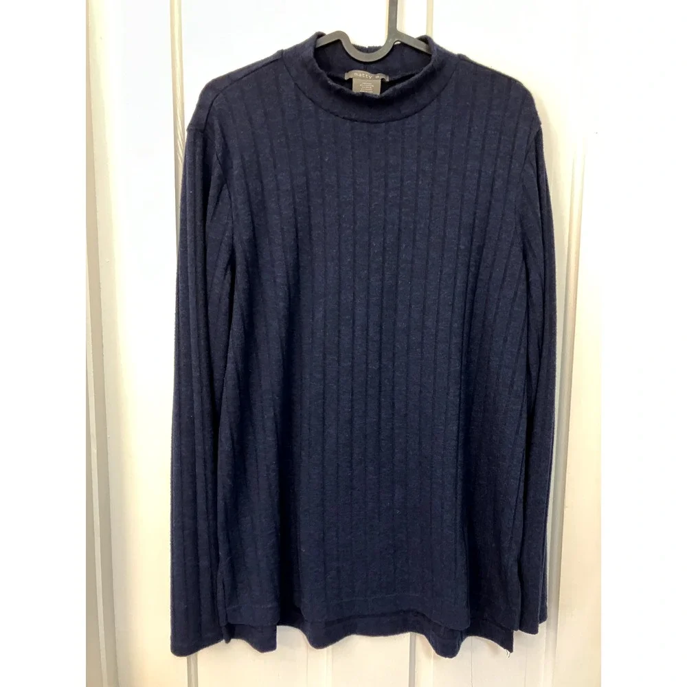 Matty M Ladies Mock Neck Long sleeve Top Navy Medium Knit Soft Comfort Cozy - Picture 2 of 8